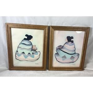 Pair Navajo Women Pottery Framed Southwest Prints Artist Diana Martin Vintage